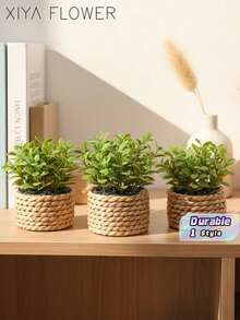 3件組人造盆栽植物，B款海藻藤編小盆景，綠色PE與聚酯纖維裝飾，適用於宿舍、辦公室、居家、客廳、臥室與花園的桌面擺飾，適合婚禮季節與母親節 - 綠色 - 查看 1