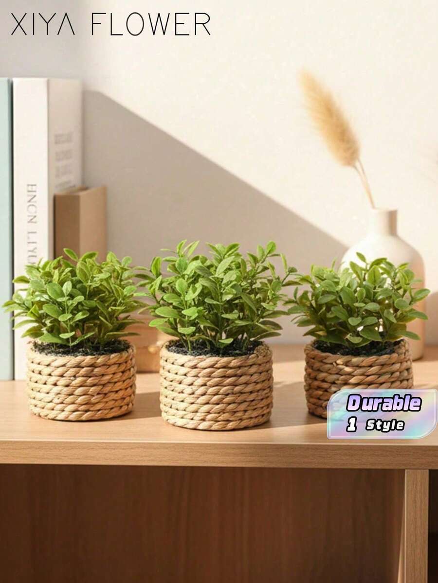 3件組人造盆栽植物，B款海藻藤編小盆景，綠色PE與聚酯纖維裝飾，適用於宿舍、辦公室、居家、客廳、臥室與花園的桌面擺飾，適合婚禮季節與母親節 - 綠色 - 查看 1