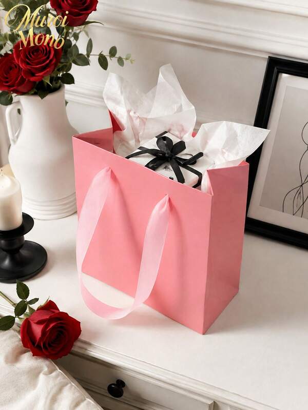 Muroi Mono 1/5/10 Packs Matte Pink Paper Gift Bags With Soft Satin Handheld Handles, 5.5*5.9 Inch Reinforced Bottom Stand-Up Square Pouches, Minimalist Luxury Packaging Bag For Birthday Wedding Holiday Gift Wrapping