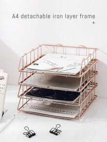 Metal A4 Paper Tray Organizer, 4-Piece Stackable Rose Gold File Rack, Suitable For Office Desks - Horizontal File Storage Boxes, Mail Classifiers, Letter Trays - A4 Iron Document Holder/overlappable - View 1