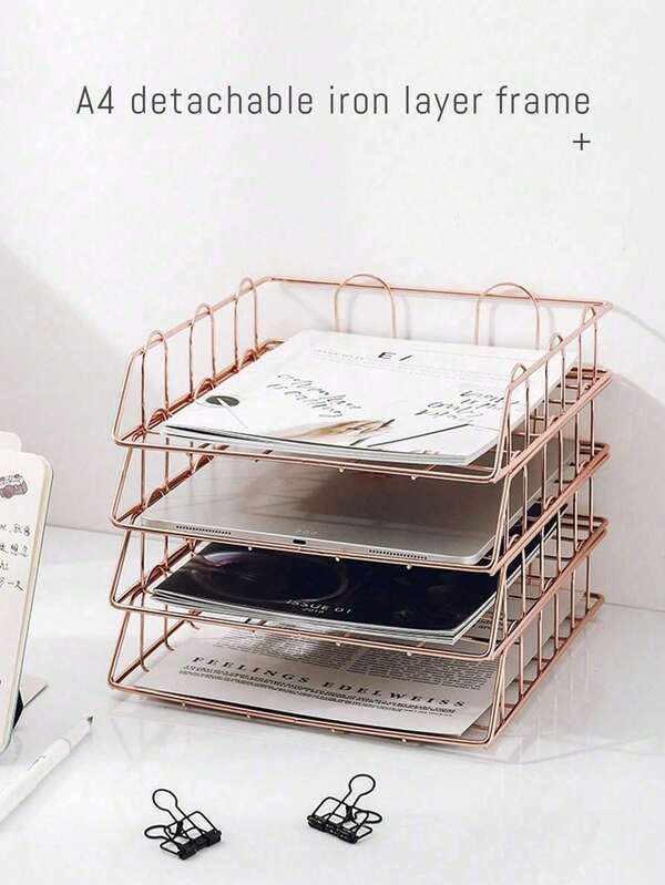 Metal A4 Paper Tray Organizer, 4-Piece Stackable Rose Gold File Rack, Suitable For Office Desks - Horizontal File Storage Boxes, Mail Classifiers, Letter Trays