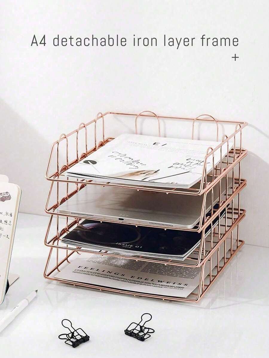 Metal A4 Paper Tray Organizer, 4-Piece Stackable Rose Gold File Rack, Suitable For Office Desks - Horizontal File Storage Boxes, Mail Classifiers, Letter Trays - A4 Iron Document Holder/overlappable - View 1