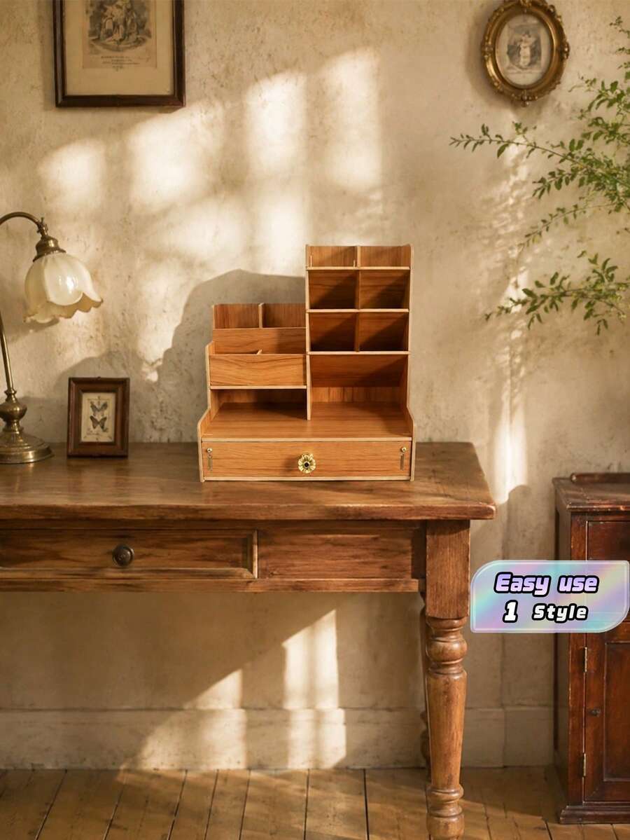 Wooden Desk Pen Holder With Storage Drawer, Multi Compartment Stationery Organizer, Pen Marker Display Rack, Office Desktop Decor Ornament - multicolor - View 1
