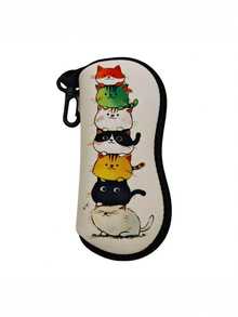 1PC Standard Size Soft Neoprene Durable Scratch Resistant Dust Proof Lightweight Compact Flat Design Zipper Closure Buckl Clip Cute Curious Cat Print Portable Glasses Case Eyeglass Pouch For Travel Sports Reading Fashion Glasses Storage Protective - Multicolor - View 2