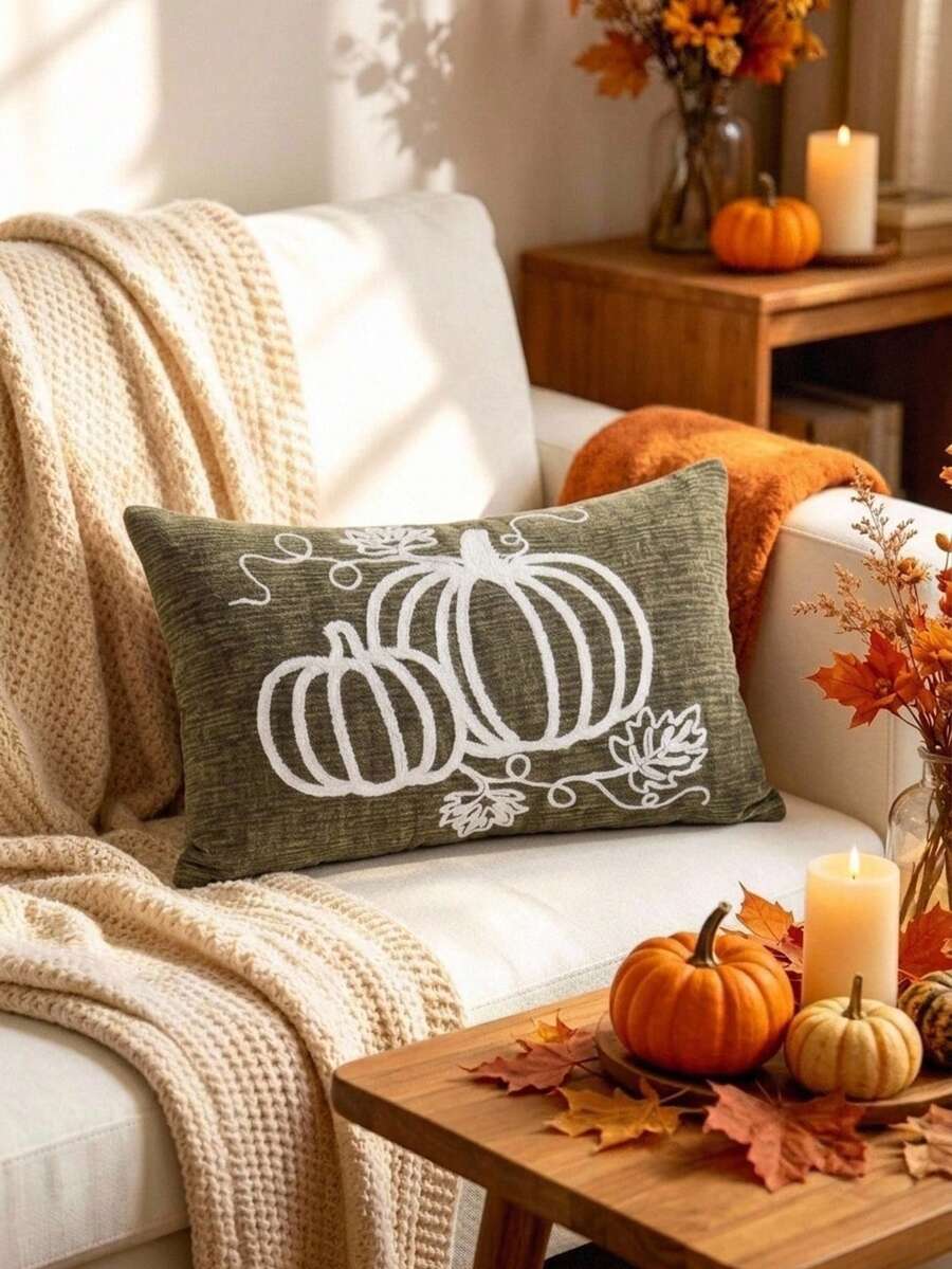 Cirelle 1pc/2pcs Fall Pumpkin Embroidery Lumbar Pillow Covers, Textured Rectangular Cushion Cases With Pumpkin Vine Leaf Pattern, Farmhouse Thanksgiving Autumn Decor For Sofa Bedroom Bay Window Homestay, Pillow Insert Not Included - Dark Green - View 1