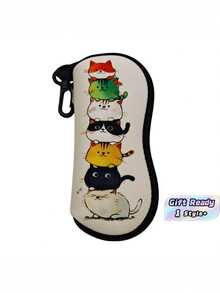 1PC Standard Size Soft Neoprene Durable Scratch Resistant Dust Proof Lightweight Compact Flat Design Zipper Closure Buckl Clip Cute Curious Cat Print Portable Glasses Case Eyeglass Pouch For Travel Sports Reading Fashion Glasses Storage Protective - Multicolor - View 1