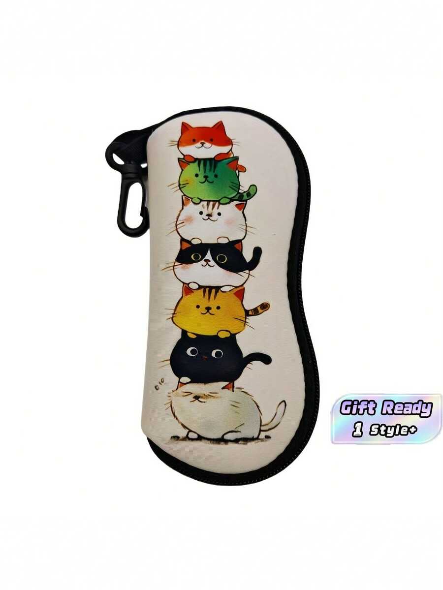 1PC Standard Size Soft Neoprene Durable Scratch Resistant Dust Proof Lightweight Compact Flat Design Zipper Closure Buckl Clip Cute Curious Cat Print Portable Glasses Case Eyeglass Pouch For Travel Sports Reading Fashion Glasses Storage Protective - Multicolor - View 1