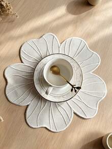 Cirelle 1pc Floral Embroidered Placemat And Coaster, White Flower Shaped Fabric Table Mat, Elegant Heat Resistant Tableware Dinner Mat For Home Wedding Party Decor - Beige - View 6