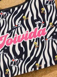LOONEY TUNES X Joivida 8 Oz Polyester Canvas Tote Bag, Black And White Zebra Print With Bright Pink Letter Design, Lightweight Reusable Shoulder Bag, Large Capacity For Shopping, Travel, Work And Daily Storage - Multicolor - View 3