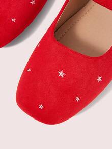 CUCCOO DOLLMOD Women's Shoes, Red Suede Square Toe Flats, Pentagram Embroidered Vintage Mary Jane Women's Shoes Fall Shoes - Rose Red - View 4