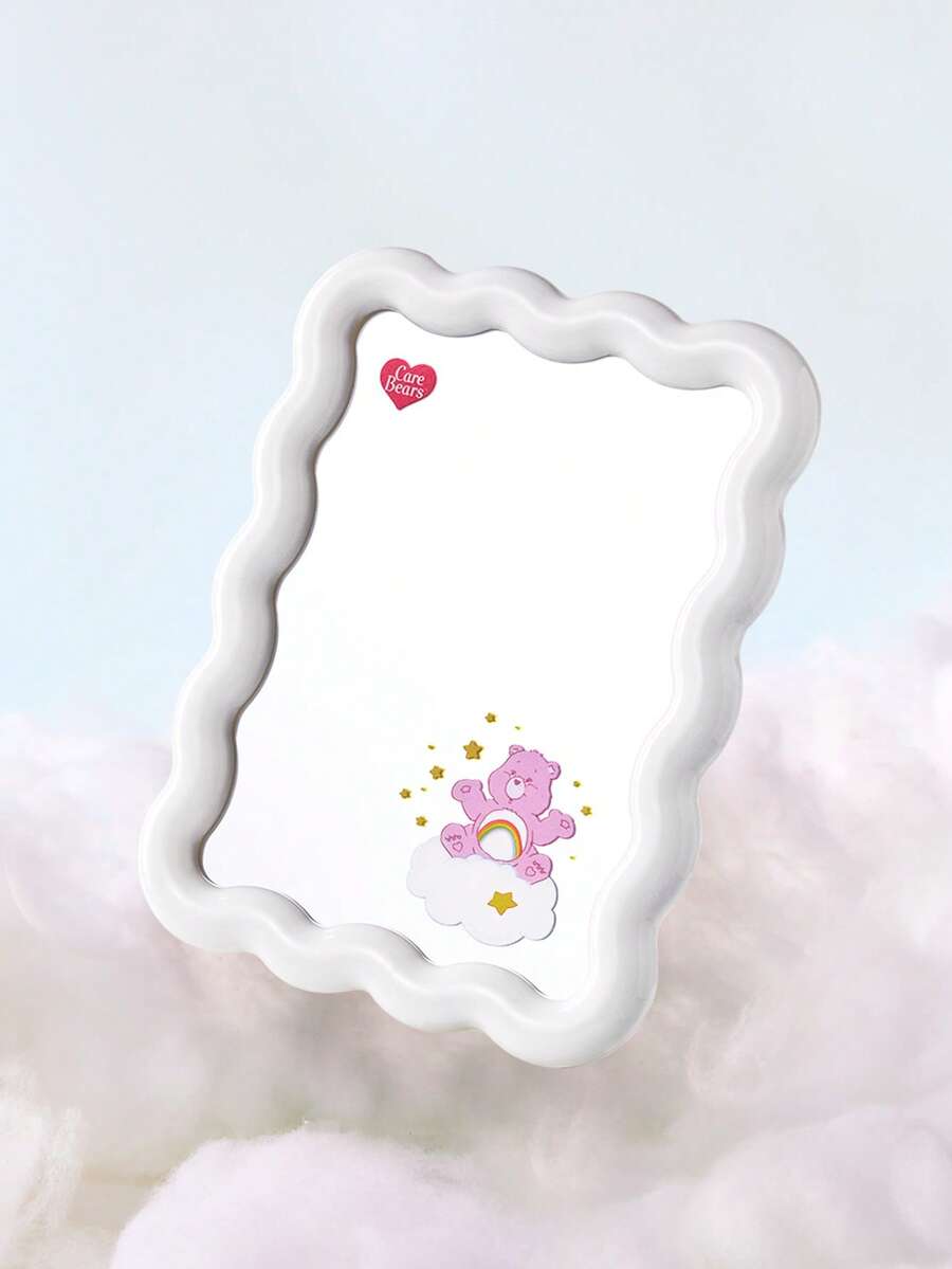SHEIN X Care Bears 奶油色波浪邊飾桌面鏡,星星雲朵卡通印花梳妝鏡,便攜式化妝鏡,適用於更衣室桌面日常梳妝 - 白色 - 查看 1