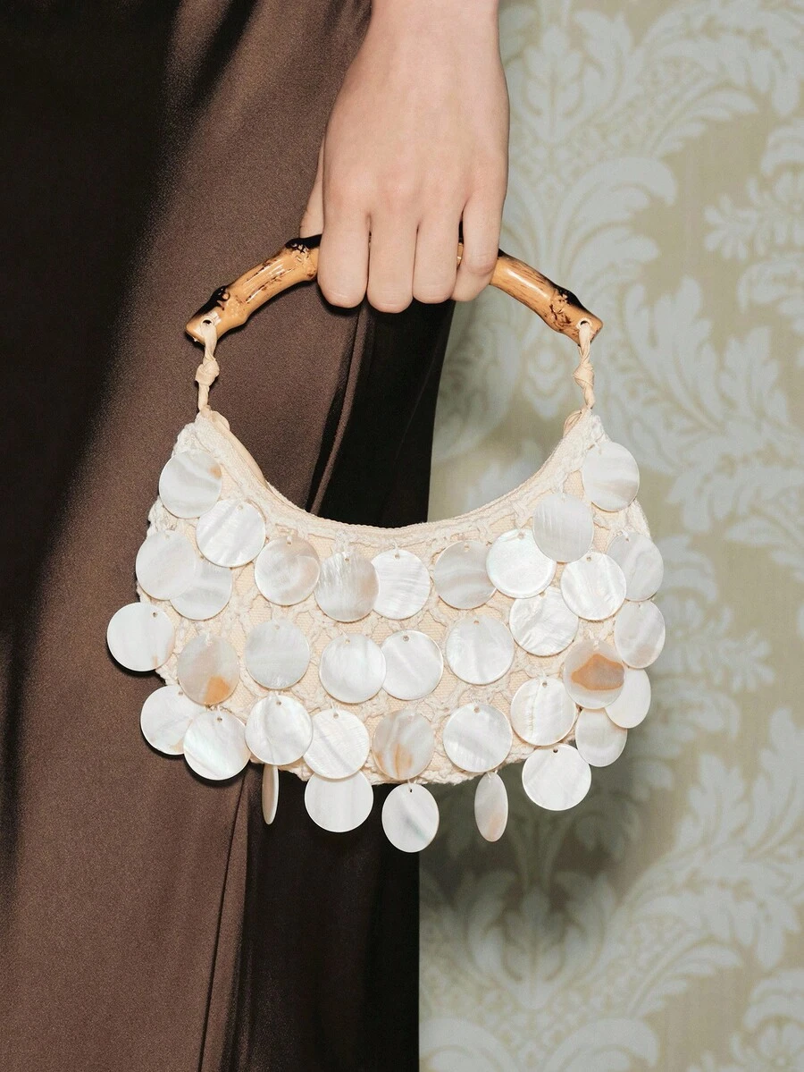 SHECARRY Ladies Fashionable Elegant Simple Heavy Industry Handmade Shell Pieces Wooden Handbag, Summer Vacation Beach Seaside - Beige - View 1