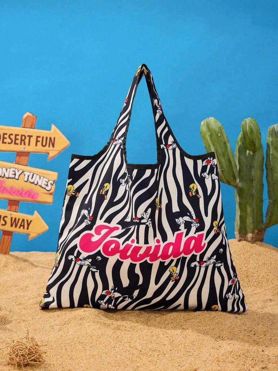 LOONEY TUNES X Joivida 8 Oz Polyester Canvas Tote Bag, Black And White Zebra Print With Bright Pink Letter Design, Lightweight Reusable Shoulder Bag, Large Capacity For Shopping, Travel, Work And Daily Storage - Multicolor - View 1