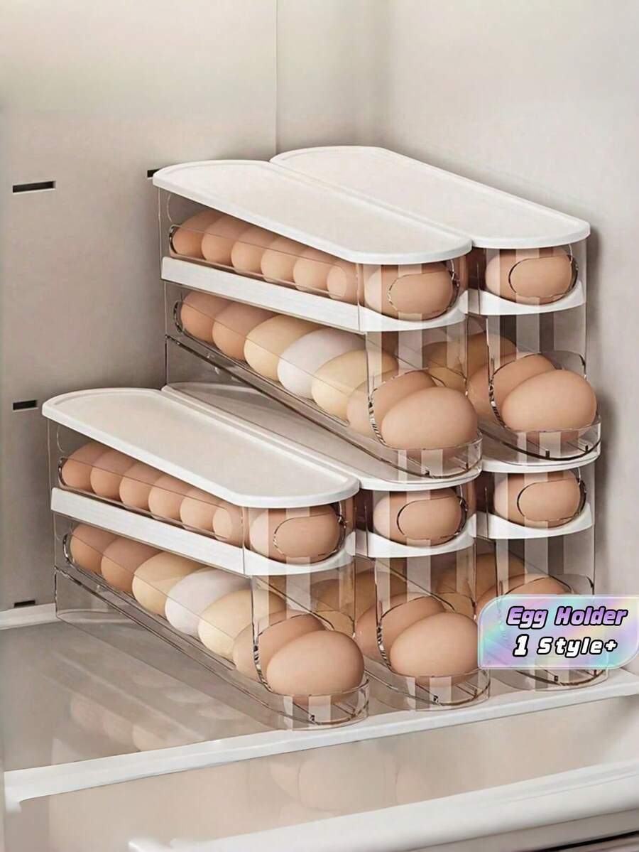 Egg Holder 2-Tier Automatic Sliding Container For 12-14 Eggs Keep Fresh Hinged Design Plastic Material Food Contact Fridge Organizer Kitchen Storage Rack Space Saving Must Have Smart Solution - View 1