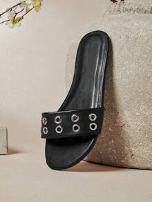 SHUZIA Women's Fashionable Comfortable Metal Eyelets Decor Slip-On Flat Sandals - Black - View 6