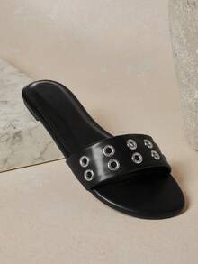 SHUZIA Women's Fashionable Comfortable Metal Eyelets Decor Slip-On Flat Sandals - Black - View 5