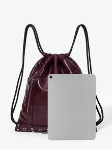 Viva Strut Ladies Backpack, Y2K  Cool Hot Girl, Zipper Design Metal Air Eye Rivets Fashion Drawstring Design Suitable For Daily Shopping On Campus - Burgundy - View 4