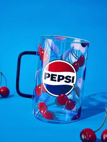 PEPSI X SHEIN 1 pieza Taza de vidrio de borosilicato de alta resistencia con estampado de cereza vintage de 27.1oz/800ml, taza de café y agua de gran capacidad resistente a altas temperaturas, utensilio portátil para el hogar y la oficina, regalo perfecto para estudiantes, trabajadores de oficina y parejas en la vida diaria.
