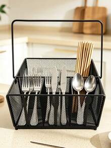 3/4 Compartment Black Metal Mesh Utensil Caddy, Cutlery Storage Organizer With Handle, Fork Spoon Knife Pattern Silverware Holder For Kitchen Countertop Table Restaurant - Knife and fork storage rack - View 4