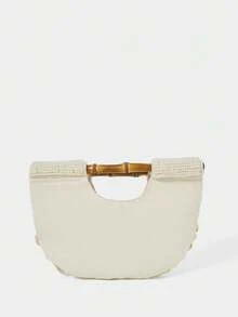 SHECARRY Ladies Fashionable Elegant Simple Heavy Industry Handmade Shell Pieces Pearl Wooden Handbag, Summer Vacation Beach Seaside - Beige - View 4