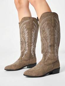 ROMWE Fairycore Women's Western Boots, Pointed V-Cut Thick Heel Embroidered Boots, Low Heel Clogs, Zip Knight Boots And Ankle Boots Spring Shoes - Coffee + white line wings - View 1