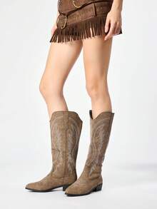 ROMWE Fairycore Women's Western Boots, Pointed V-Cut Thick Heel Embroidered Boots, Low Heel Clogs, Zip Knight Boots And Ankle Boots Spring Shoes - Coffee + white line wings - View 2