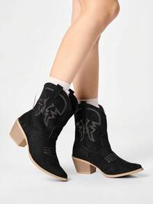 ROMWE Fairycore Women's Western Boots, Pointed V-Cut Thick Heel Embroidered Boots, Low Heel Clogs, Zip Knight Boots And Ankle Boots Spring Shoes - 2 brown - View 1