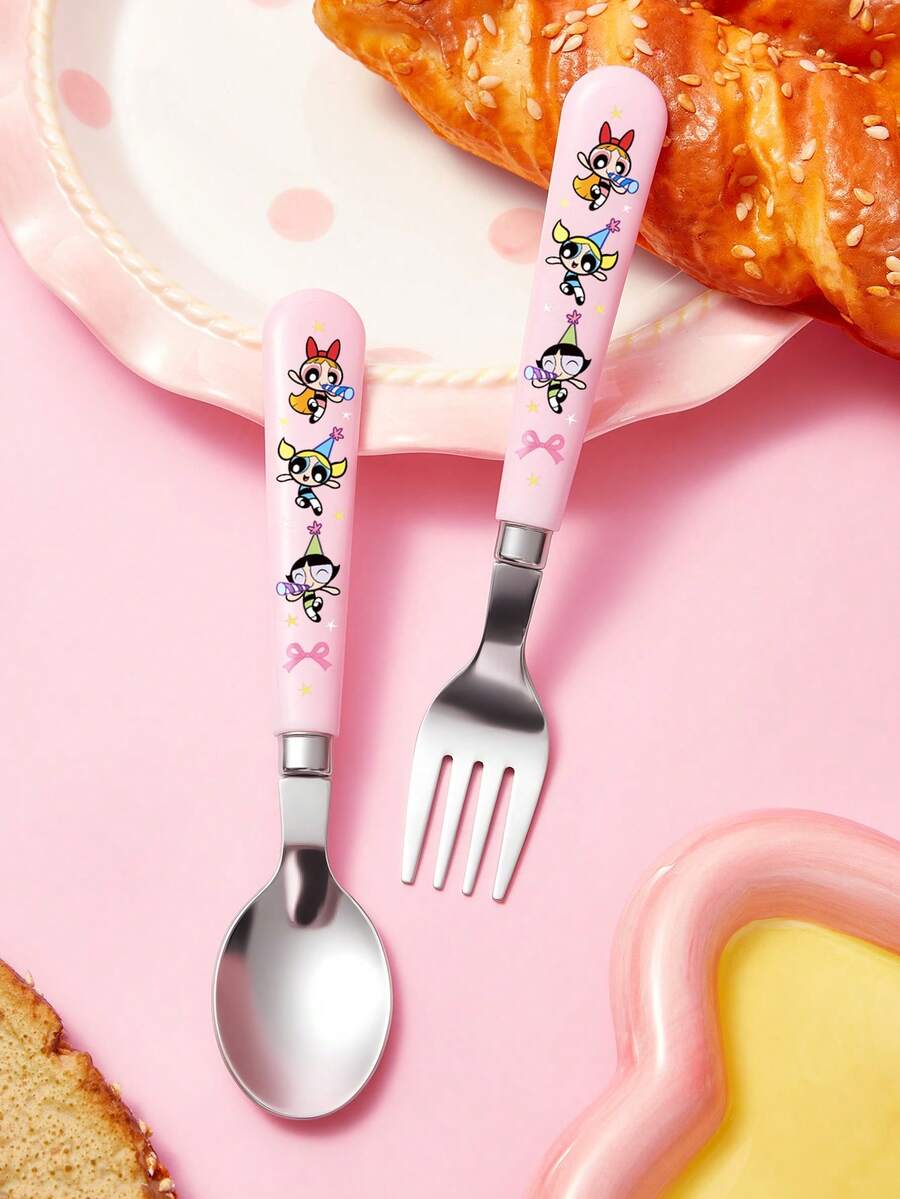 THE POWERPUFF GIRLS X SHEIN Little Policewoman 2-Piece Cutlery, Stainless Steel Fork And Spoon - Pink - View 1