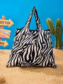 LOONEY TUNES X Joivida 8 Oz Polyester Canvas Tote Bag, Black And White Zebra Print With Bright Pink Letter Design, Lightweight Reusable Shoulder Bag, Large Capacity For Shopping, Travel, Work And Daily Storage - Multicolor - View 2