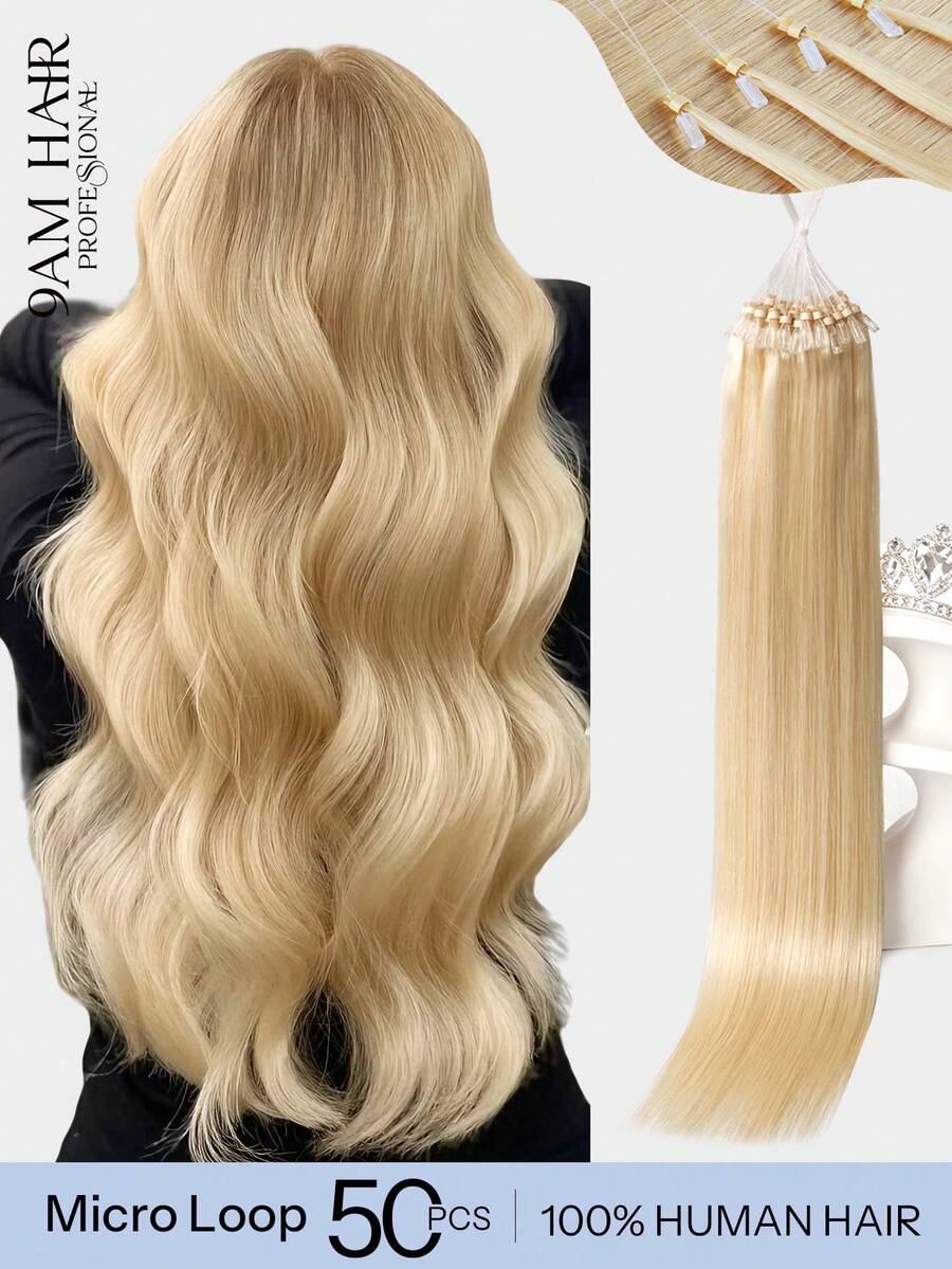Micro Loop Human Hair Extensions Premium Virgin Remy Hair 22# Honey Blonde Reusable Invisible Micro Link Bead Hair No Glue No Tape Design 50Pcs 12-22 Inch Anti Shedding Soft Texture Ideal For Full Head Makeover Holiday& Hairstyle For Girls & Women - S22 - View 1