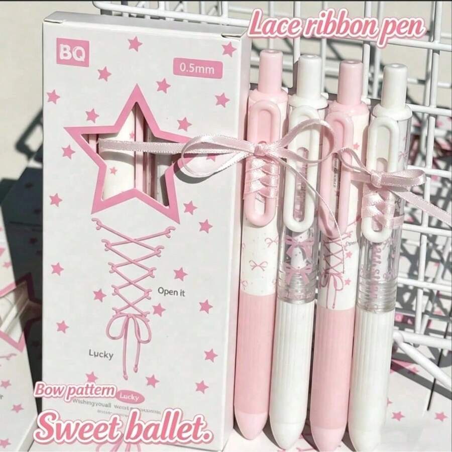 12/8/4/1 Pink And White Ballet Style Ballpoint Pen With 0.5 Mm Tip, Black Ink, Bow Decoration, Click Function, Student Paper, Teaching Gift, Diary Writing, Project Pen, Back To School - Ballet Pink Gel Pen - View 1