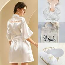 4-Piece Bridal Gift Set: Bridal Morning Robe, Bridal Slippers, And Bridal Canvas Handbag. The Satin Morning Gown Is Suitable For Wearing On The Wedding Day, While The Bridal Slippers Come With A Shoulder Back Makeup Bag - Multicolor - View 11