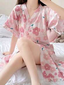 1件可愛兔子花卉印花和服浴袍，短袖V領裹身家居服，附側綁帶與荷葉邊下擺，輕便休閒夏季居家服 M-XXL - 彩色 - 查看 2