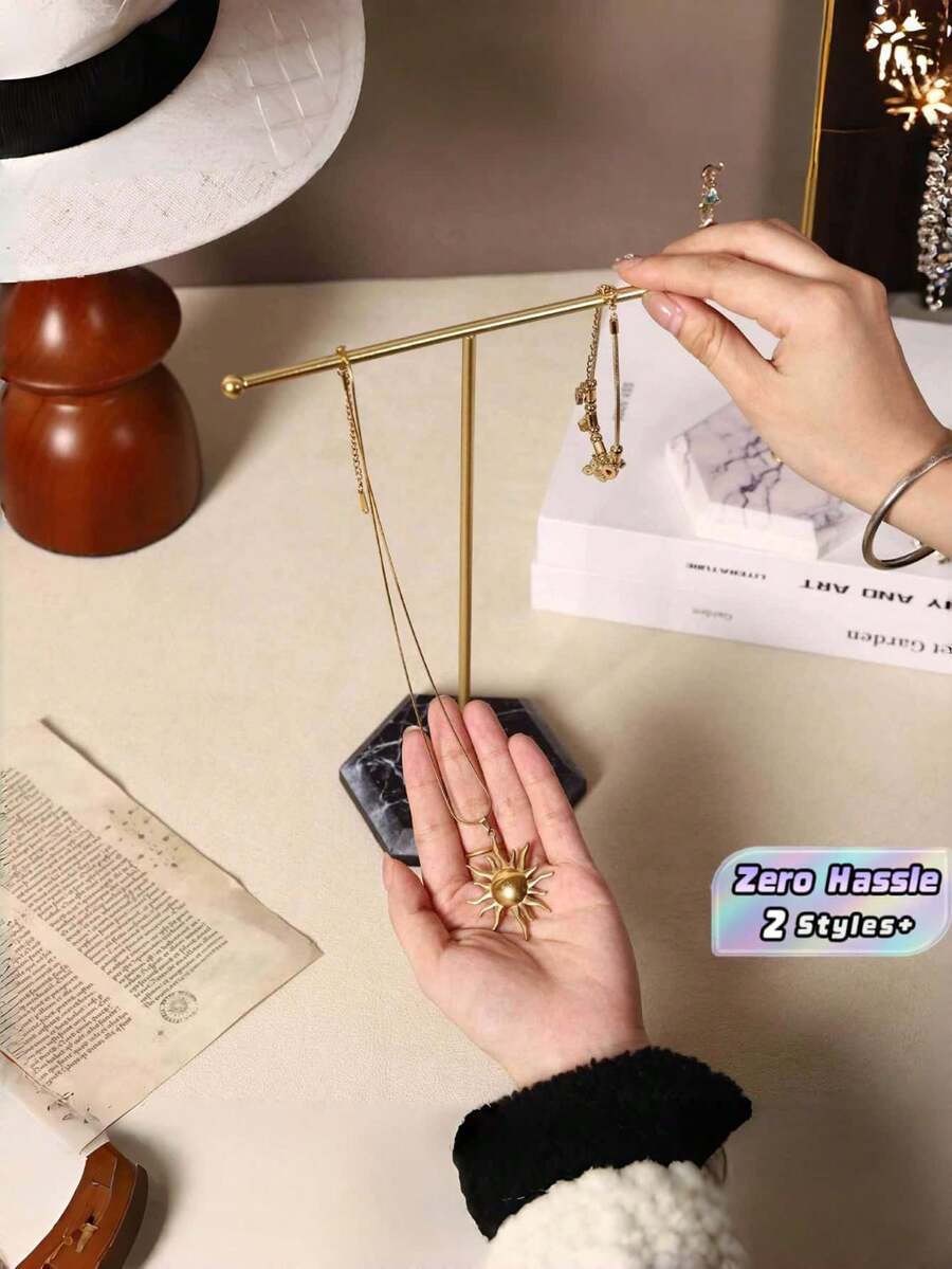 1 Piece Solid Metal Minimalist T Shaped Jewelry Display Rack Multi Hook Large Capacity Stable Freestanding Storage Holder For Necklaces Bracelets Rings Watches Elegant Simple Tabletop Organizer Indoor Bedroom Vanity Household Decor All Season Jewelry - Multicolor - View 1