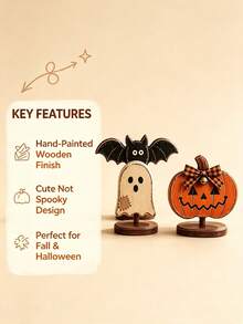 Set Figur Halloween Kayu Lukis Tangan Bergaya Retro, Jack-O-Lantern dengan Pita Kotak-kotak, Kelelawar, Hantu, Hiasan Meja, Dekorasi Pesta Rumah Musim Gugur dan Panen - default - View 4