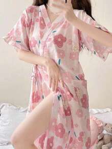 1件可愛兔子花卉印花和服浴袍，短袖V領裹身家居服，附側綁帶與荷葉邊下擺，輕便休閒夏季居家服 M-XXL - 彩色 - 查看 7