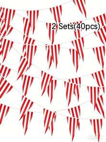 2 Sets Of Red-And-White Striped Triangular Bunting Flags, Carnival And Circus Decorative Supplies, Triangular Decorative Pennants, Layout Materials For New Year Celebration Events, Red-And-White Striped Triangular Flags - Raise the Flag - View 8