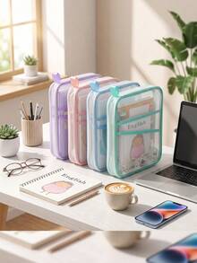Double Layer Nylon Mesh Organizer Bag, Thickened L-Shaped Document Bag, Light Color Transparent Mesh File Bag, Large Capacity Student Mesh File Storage Bag - Portable Zipper Backpack, With Handle Exam Subject Organizer Bag, Transparent Student - A4 - View 4
