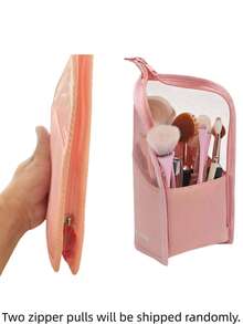 1 pieza Estuche para pinceles de maquillaje rosa con cremallera, estuche para pinceles de maquillaje de viaje impermeable de PVC transparente, bolsa para pinceles de maquillaje portátil, bolsa de cosméticos profesional, bolsa de almacenamiento de artista, taza de maquillaje plegable esencial para el hogar, regalo, vacaciones, viaje - Multicolor - Ver 7