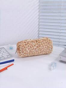 Sweet And Edgy Plush Leopard-Print Pen Case, High-End Appearance, Ultra-Soft Makeup Bag, Student Stationery Box, Large Capacity Storage Bag. - multicolor - View 6