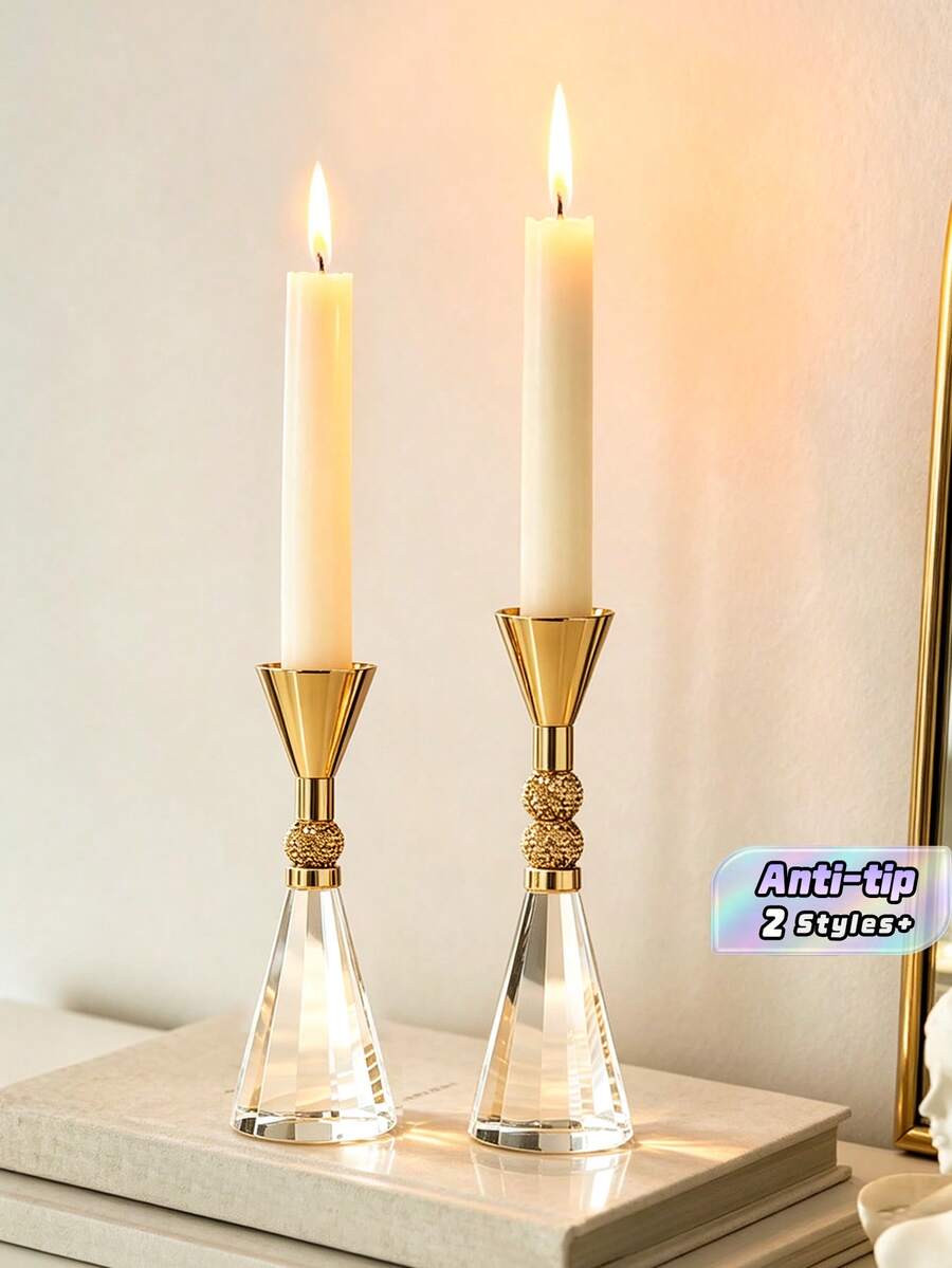 1pc Minimalist Metal Crystal Base Candlestick, Decorative Candle Holder For Dining Table Or Living Room - Rose Gold - View 1