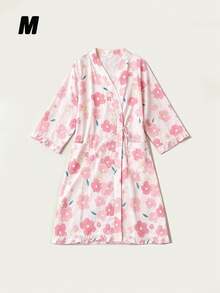 1件可愛兔子花卉印花和服浴袍，短袖V領裹身家居服，附側綁帶與荷葉邊下擺，輕便休閒夏季居家服 M-XXL - 彩色 - 查看 13