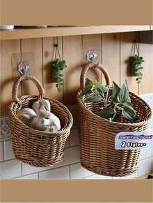 Vintage Style Wall Hanging Kitchen Storage Basket - Multi-Functional Hanging Organizer Basket With Hooks, Suitable For Condiments, Cooking Utensils, Spices - Space-Saving Rustic Style Decorative For Cabinet, Pantry, Small Kitchen - Mocha Brown - View 1