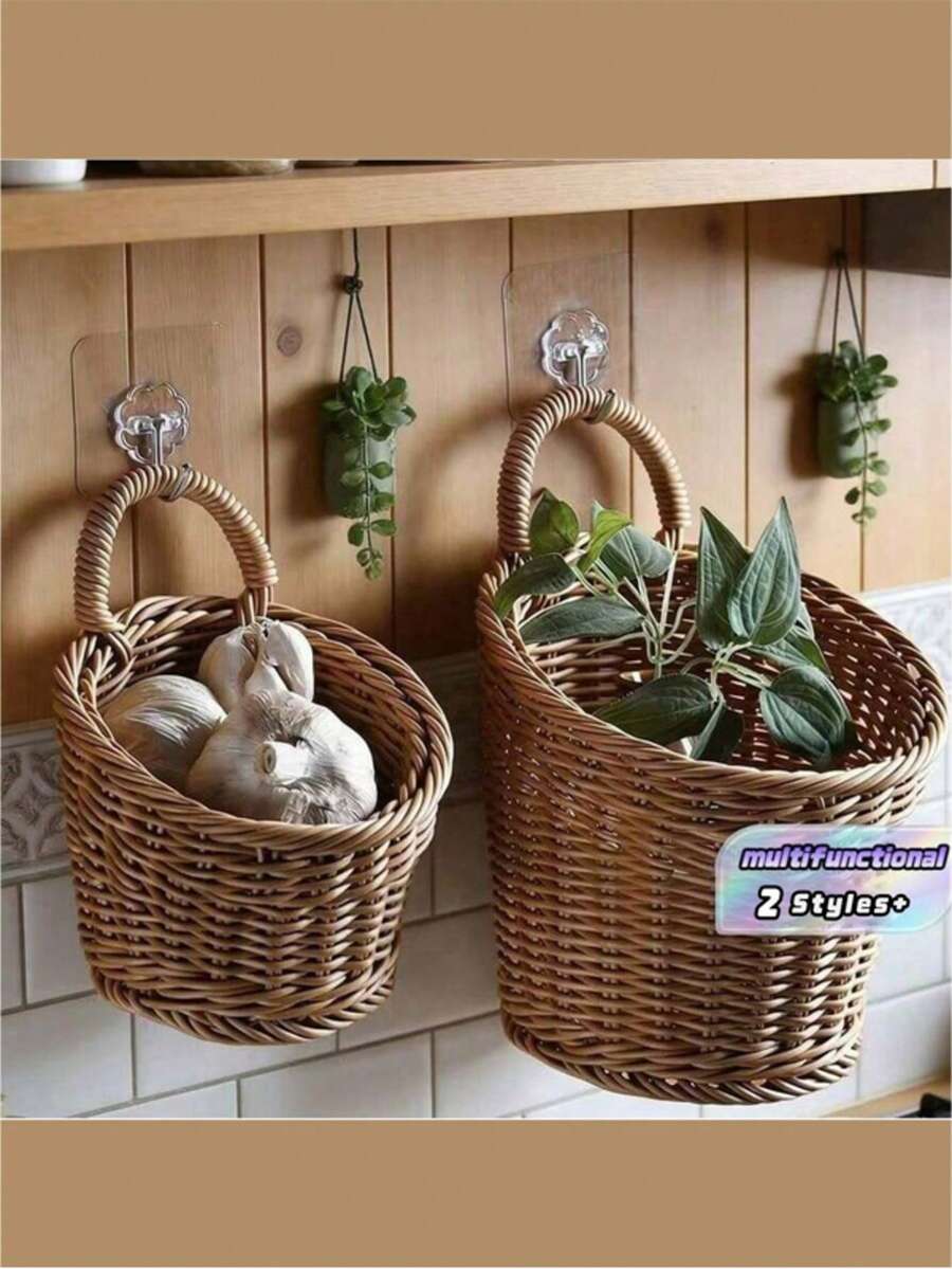 Vintage Style Wall Hanging Kitchen Storage Basket - Multi-Functional Hanging Organizer Basket With Hooks, Suitable For Condiments, Cooking Utensils, Spices - Space-Saving Rustic Style Decorative For Cabinet, Pantry, Small Kitchen - Mocha Brown - View 1