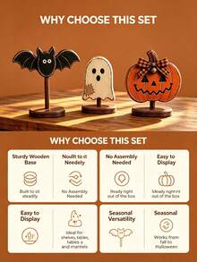 Set Figur Halloween Kayu Lukis Tangan Bergaya Retro, Jack-O-Lantern dengan Pita Kotak-kotak, Kelelawar, Hantu, Hiasan Meja, Dekorasi Pesta Rumah Musim Gugur dan Panen - default - View 3