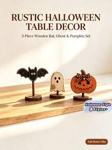 Set Figur Halloween Kayu Lukis Tangan Bergaya Retro, Jack-O-Lantern dengan Pita Kotak-kotak, Kelelawar, Hantu, Hiasan Meja, Dekorasi Pesta Rumah Musim Gugur dan Panen - default - View 1
