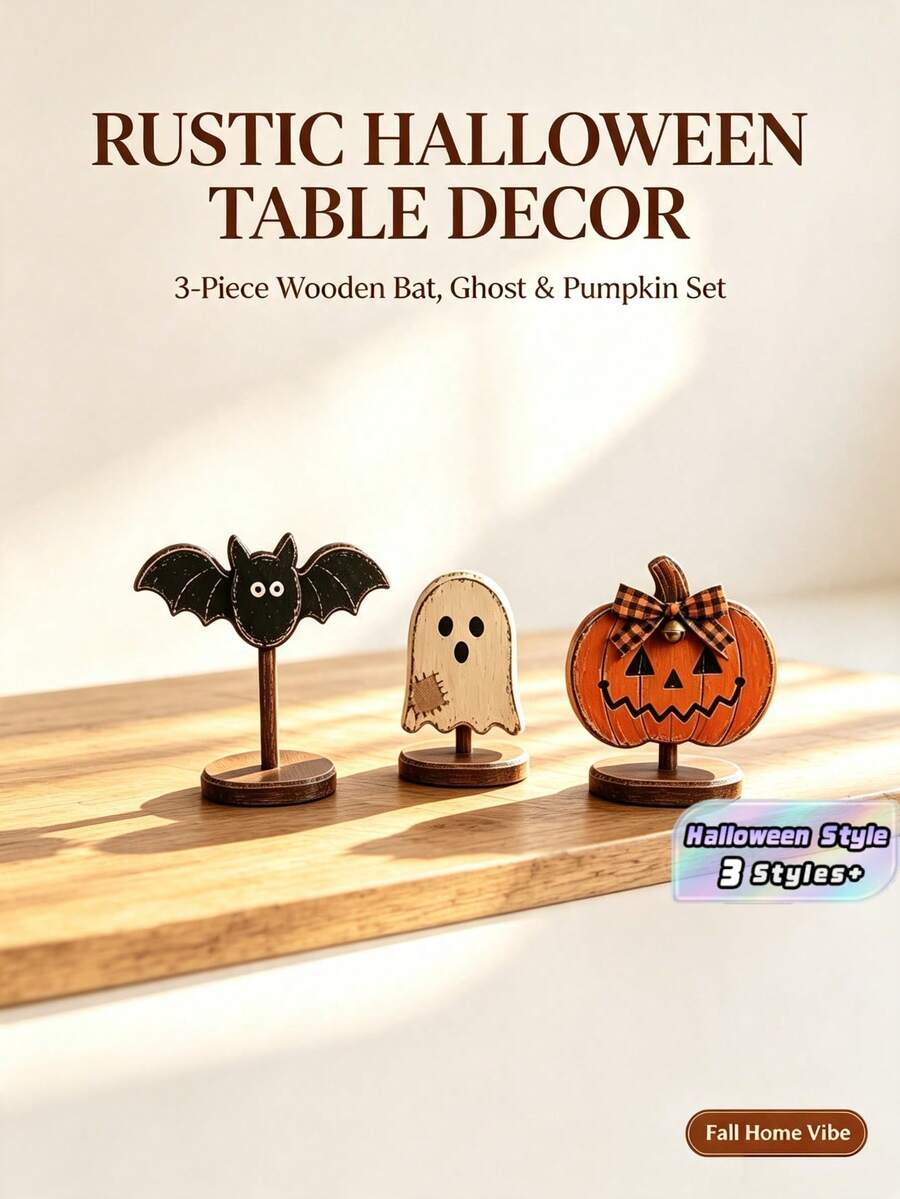 Set Figur Halloween Kayu Lukis Tangan Bergaya Retro, Jack-O-Lantern dengan Pita Kotak-kotak, Kelelawar, Hantu, Hiasan Meja, Dekorasi Pesta Rumah Musim Gugur dan Panen - default - View 1