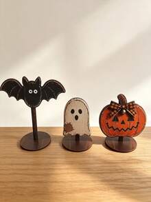 Set Figur Halloween Kayu Lukis Tangan Bergaya Retro, Jack-O-Lantern dengan Pita Kotak-kotak, Kelelawar, Hantu, Hiasan Meja, Dekorasi Pesta Rumah Musim Gugur dan Panen - default - View 11