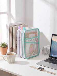 Double Layer Nylon Mesh Organizer Bag, Thickened L-Shaped Document Bag, Light Color Transparent Mesh File Bag, Large Capacity Student Mesh File Storage Bag - Portable Zipper Backpack, With Handle Exam Subject Organizer Bag, Transparent Student - A4 - View 9