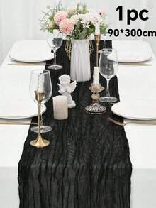 1/2/5 Packs Polyester Black Gauze Pleated Table Runner For Holiday Graduation, Birthday Party Decoration, Wedding Supplies, Holiday Home Party Room Table Decoration, Party, - black - View 4